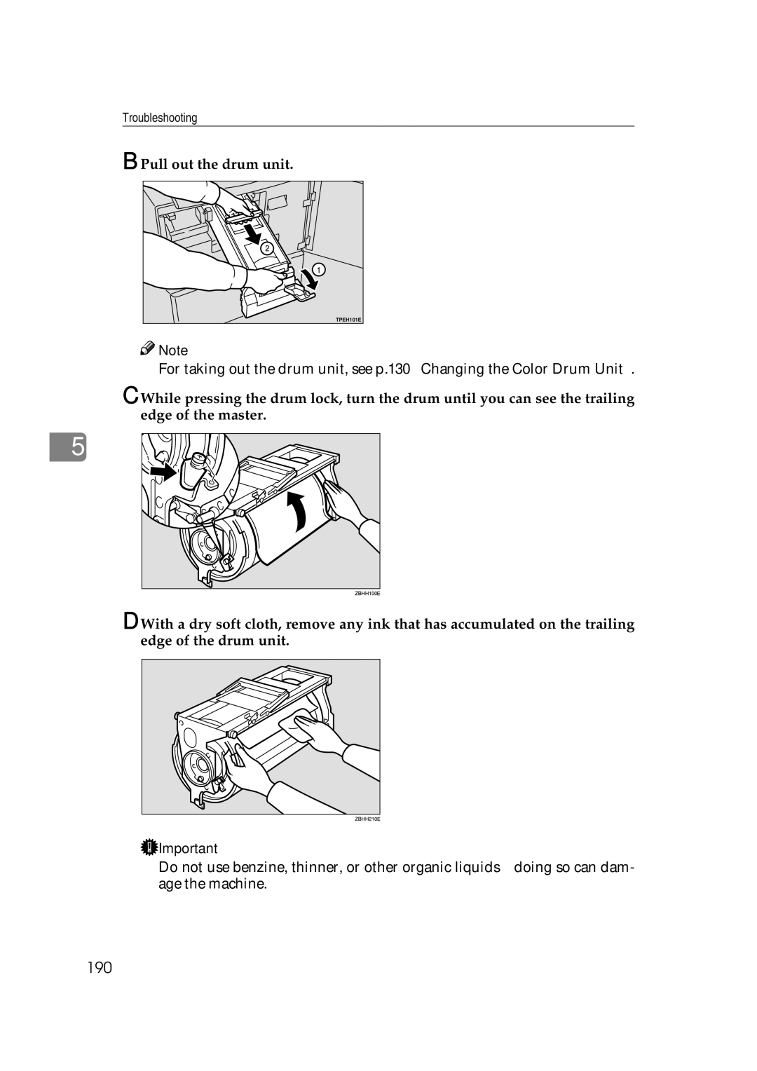 Savin 3360DNP operating instructions 190, Pull out the drum unit 