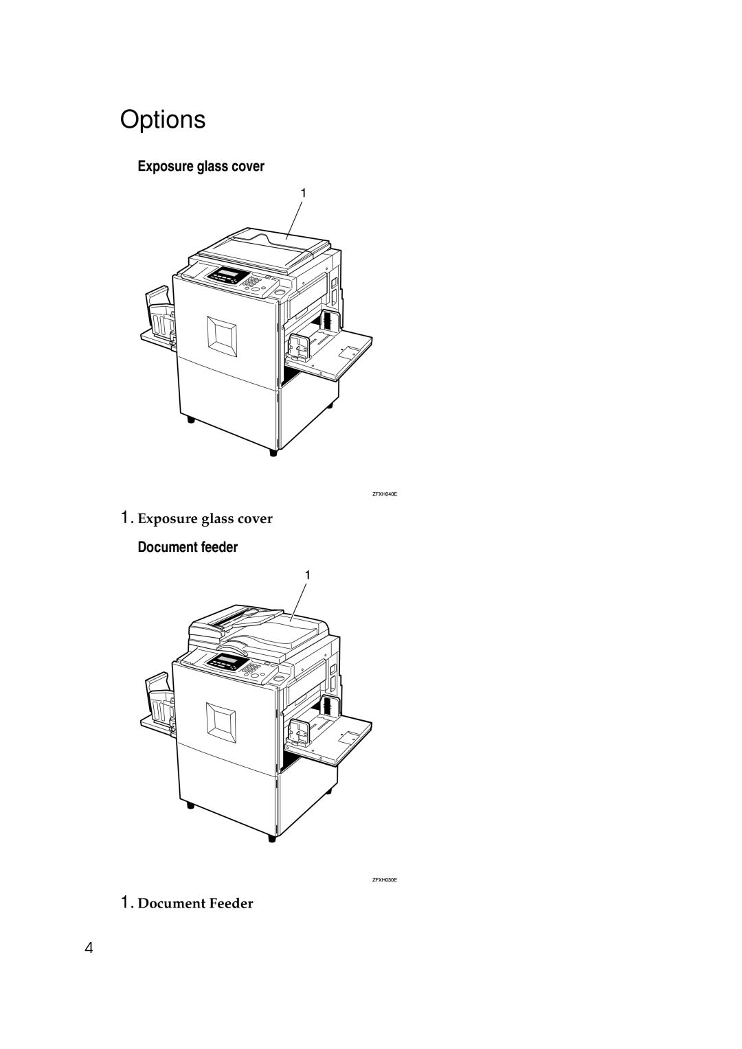 Savin 3360DNP operating instructions Options, Exposure glass cover, Document feeder, Document Feeder 