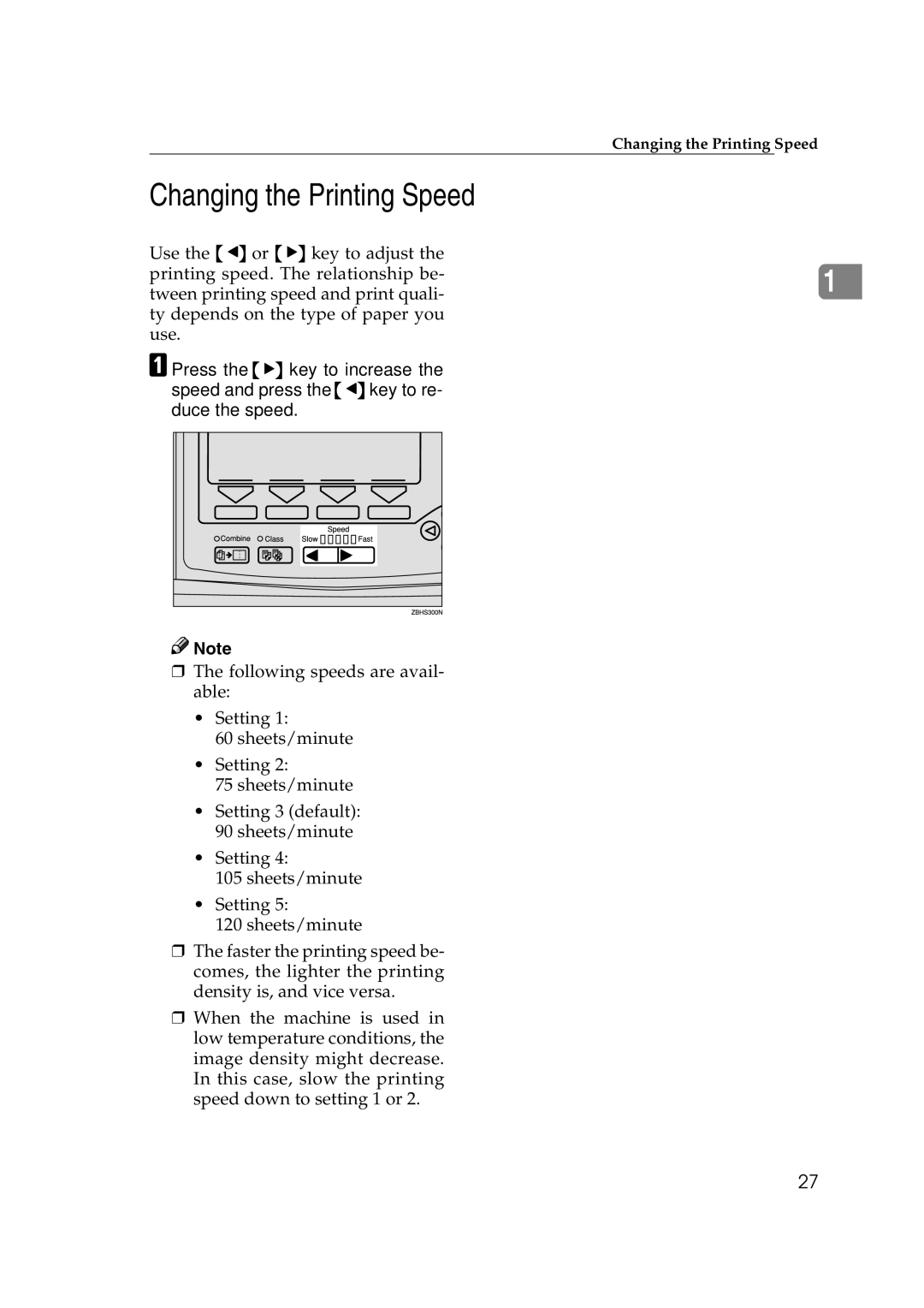 Savin 3360DNP operating instructions Changing the Printing Speed 