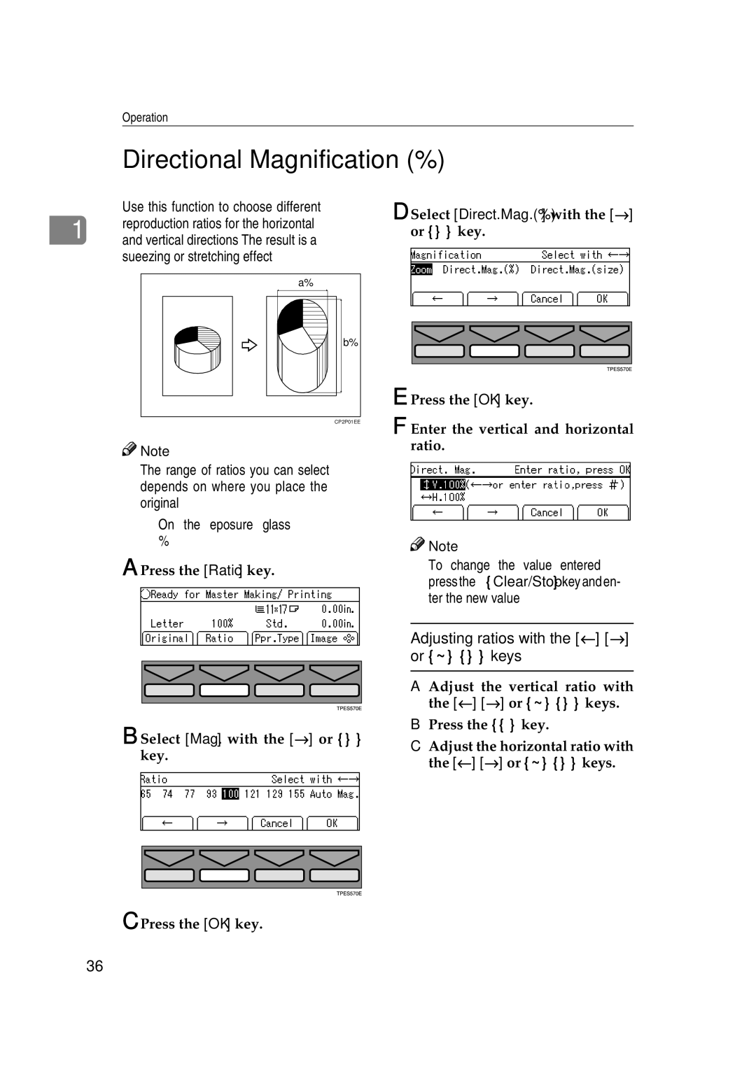 Savin 3360DNP operating instructions Directional Magnification %, Adjusting ratios with the ← → or ~ keys 