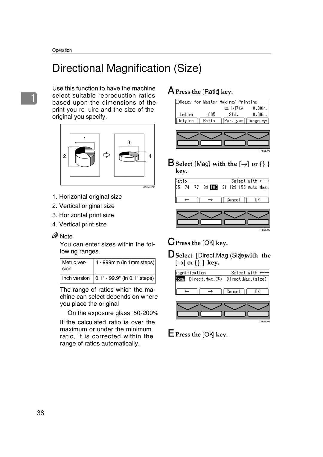 Savin 3360DNP operating instructions Directional Magnification Size, Select Mag. with the → or key Press the OK key 