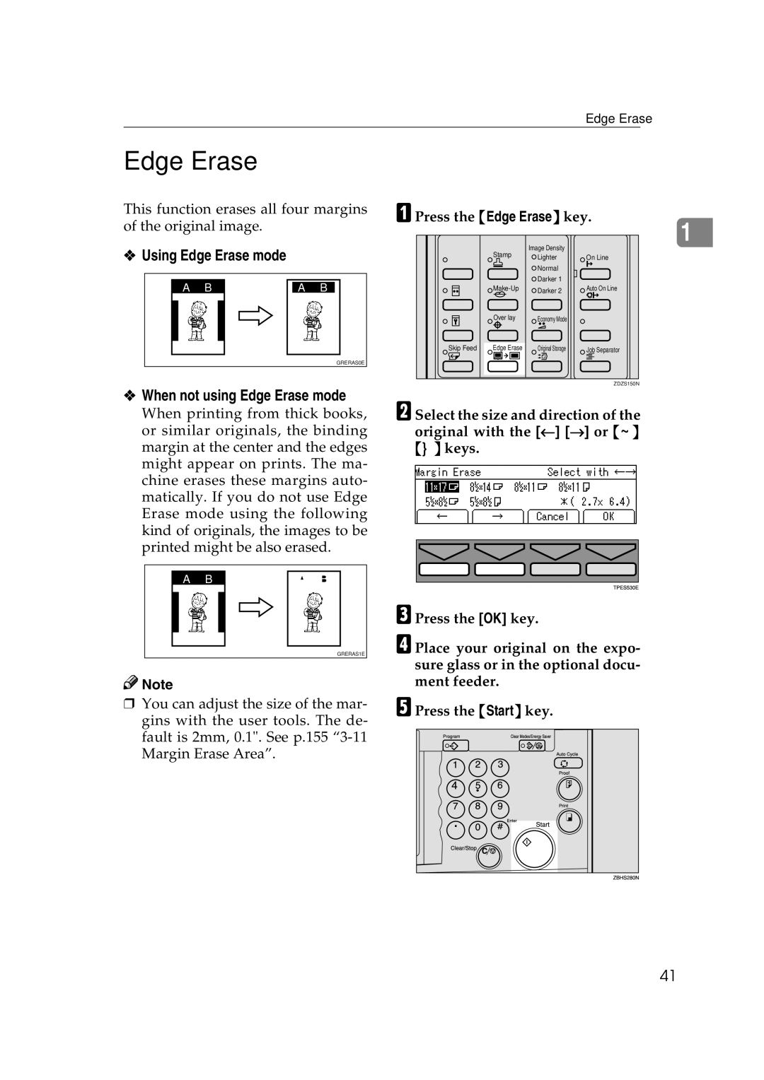 Savin 3360DNP operating instructions Using Edge Erase mode, When not using Edge Erase mode, Press the Edge Erase key 