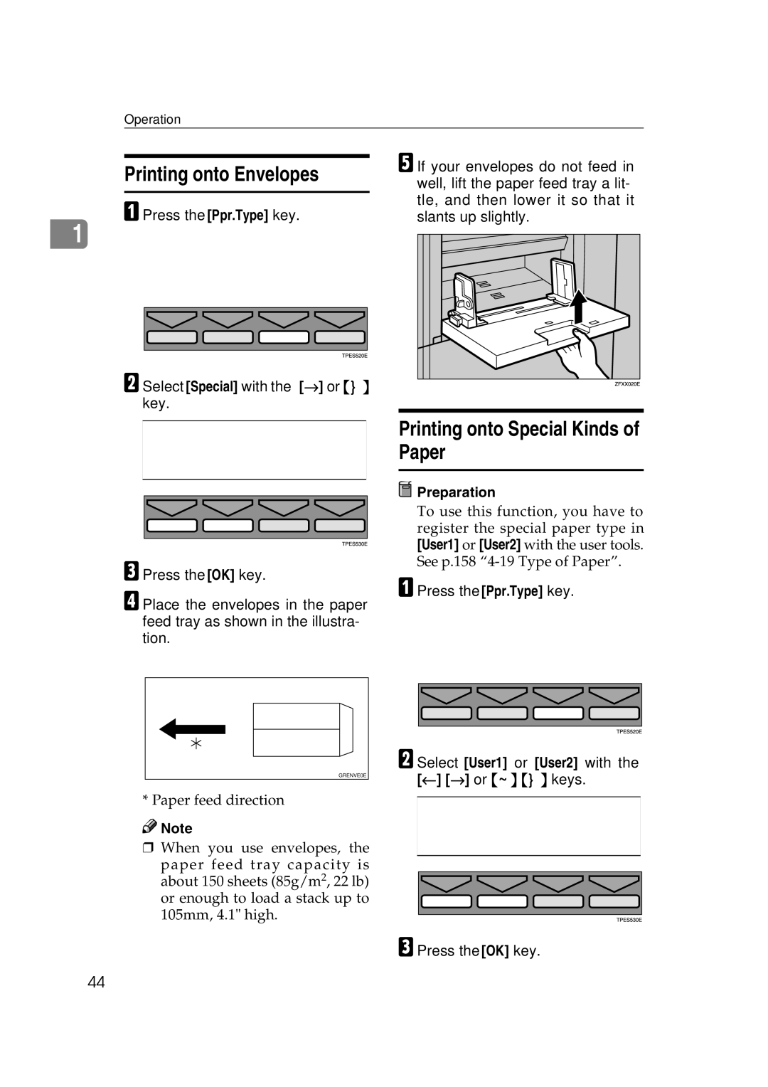 Savin 3360DNP operating instructions Printing onto Envelopes, Printing onto Special Kinds of Paper 