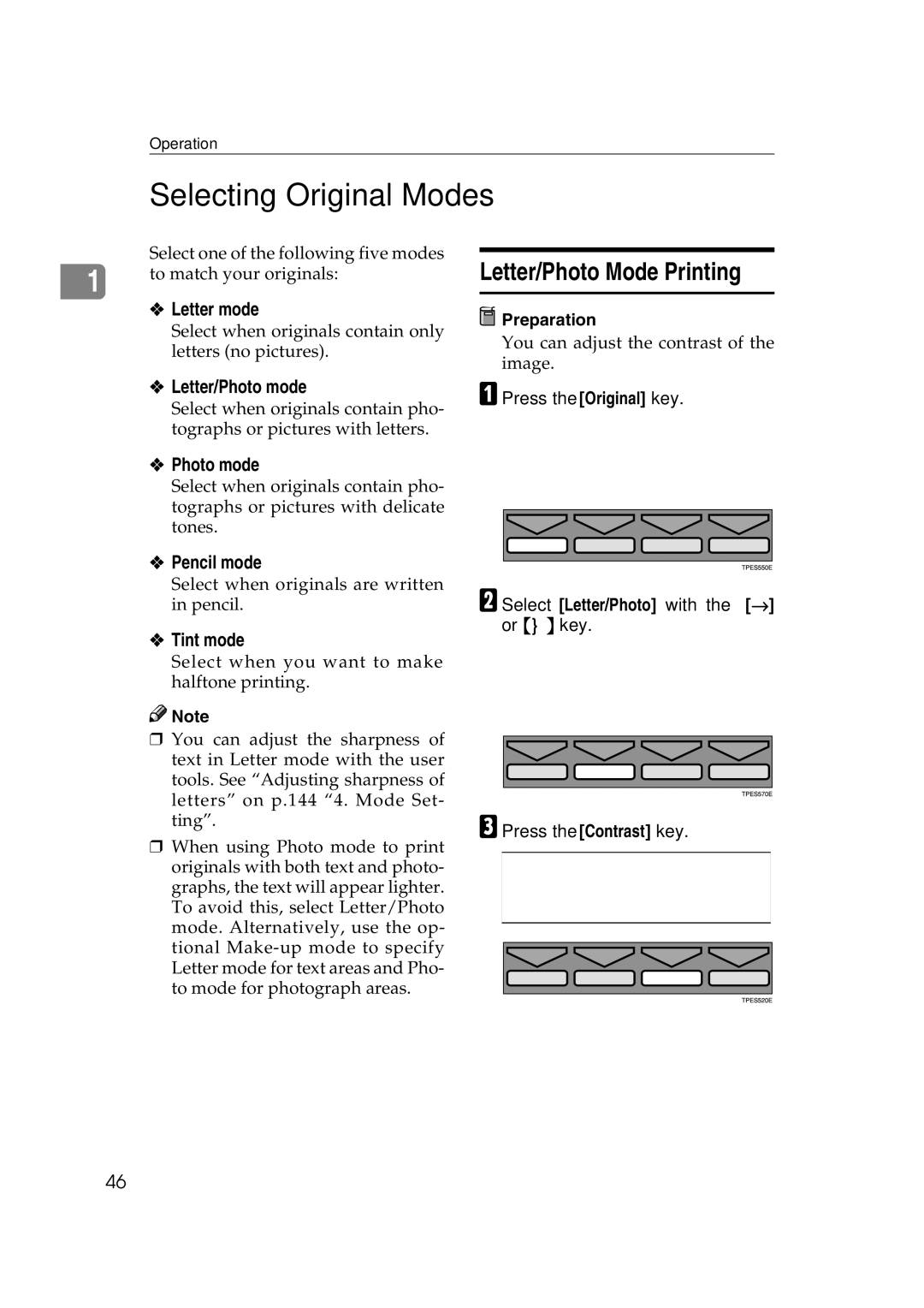 Savin 3360DNP operating instructions Selecting Original Modes, Letter/Photo Mode Printing 