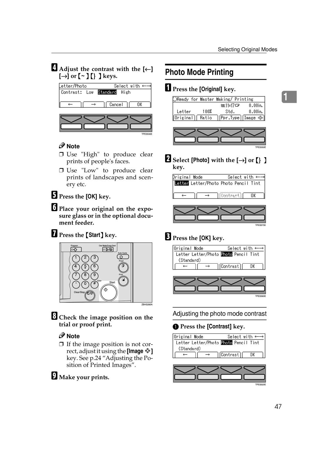 Savin 3360DNP Photo Mode Printing, Adjusting the photo mode contrast, Adjust the contrast with the ← → or ~ keys 