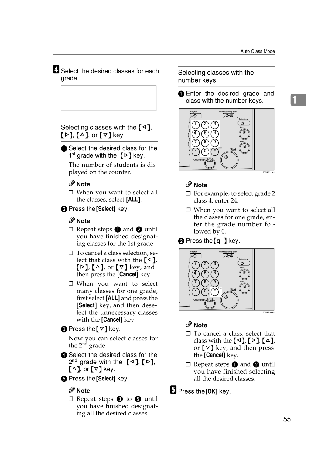 Savin 3360DNP operating instructions Selecting classes with the ~, , , or key, Selecting classes with the number keys 