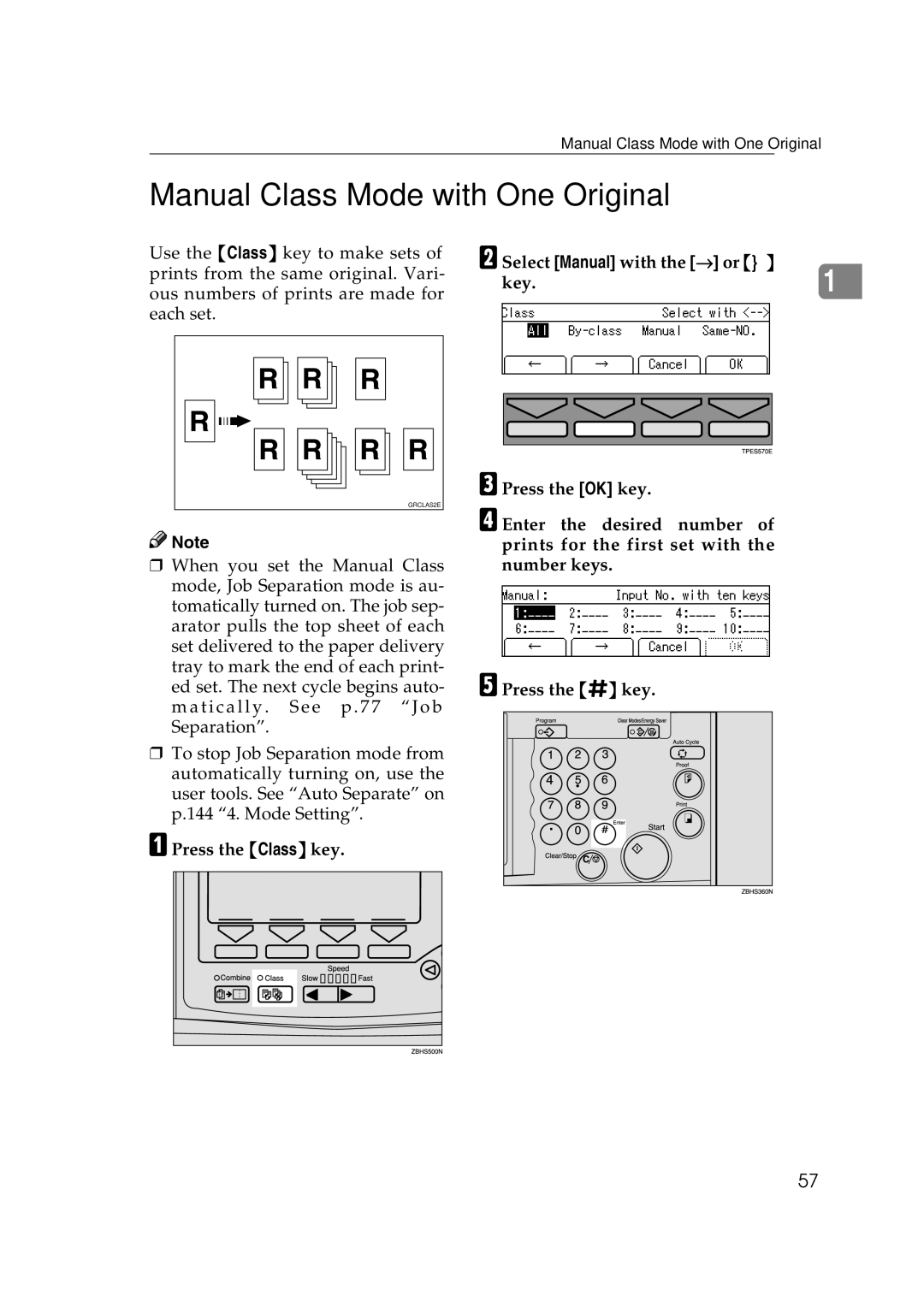 Savin 3360DNP operating instructions Manual Class Mode with One Original, Select Manual with the → or Key.1 