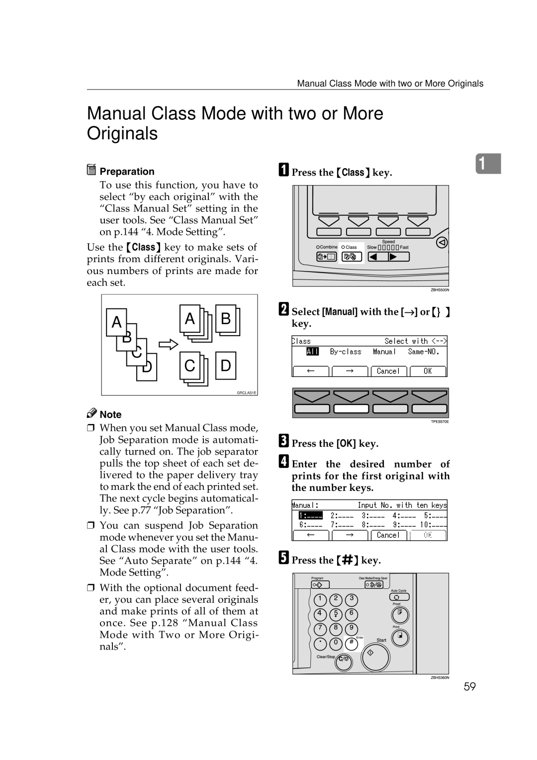 Savin 3360DNP operating instructions Manual Class Mode with two or More Originals, Press the Class key 