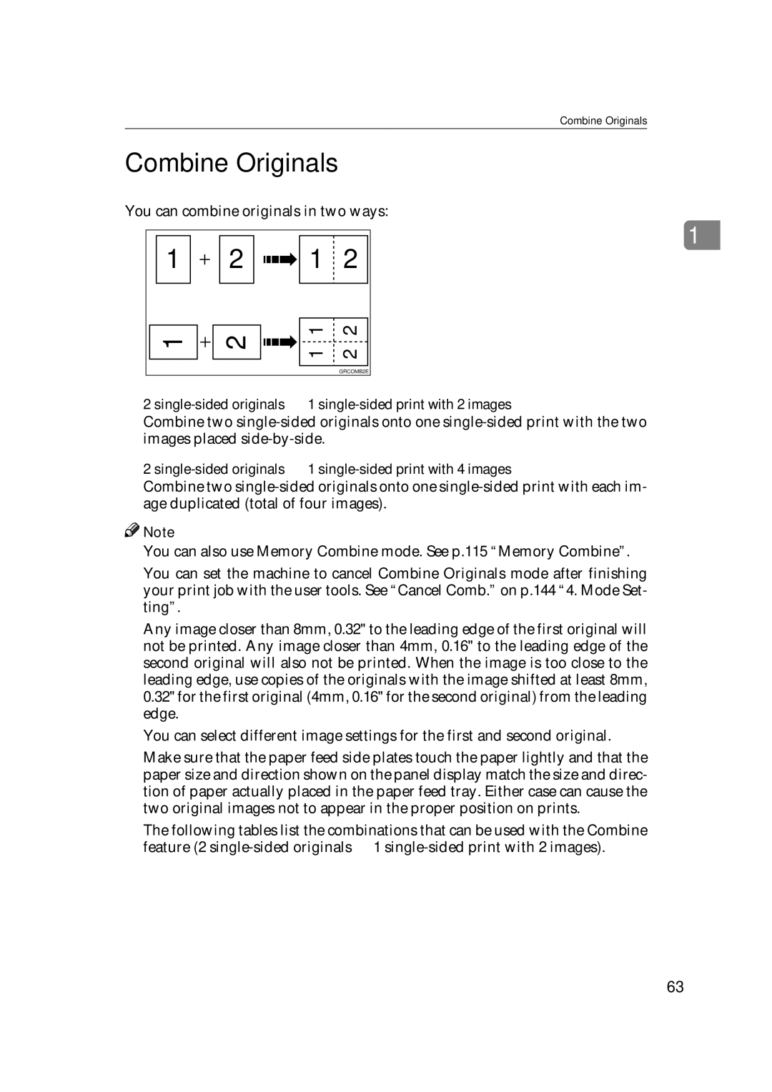 Savin 3360DNP operating instructions Combine Originals, Single-sided originals → 1 single-sided print with 2 images 