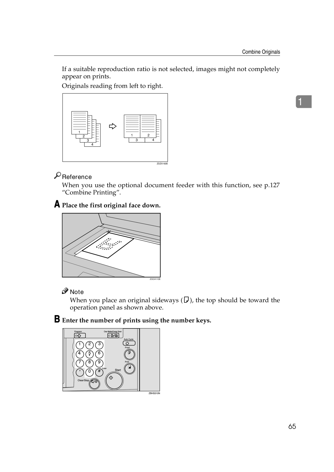 Savin 3360DNP operating instructions Place the first original face down, Enter the number of prints using the number keys 