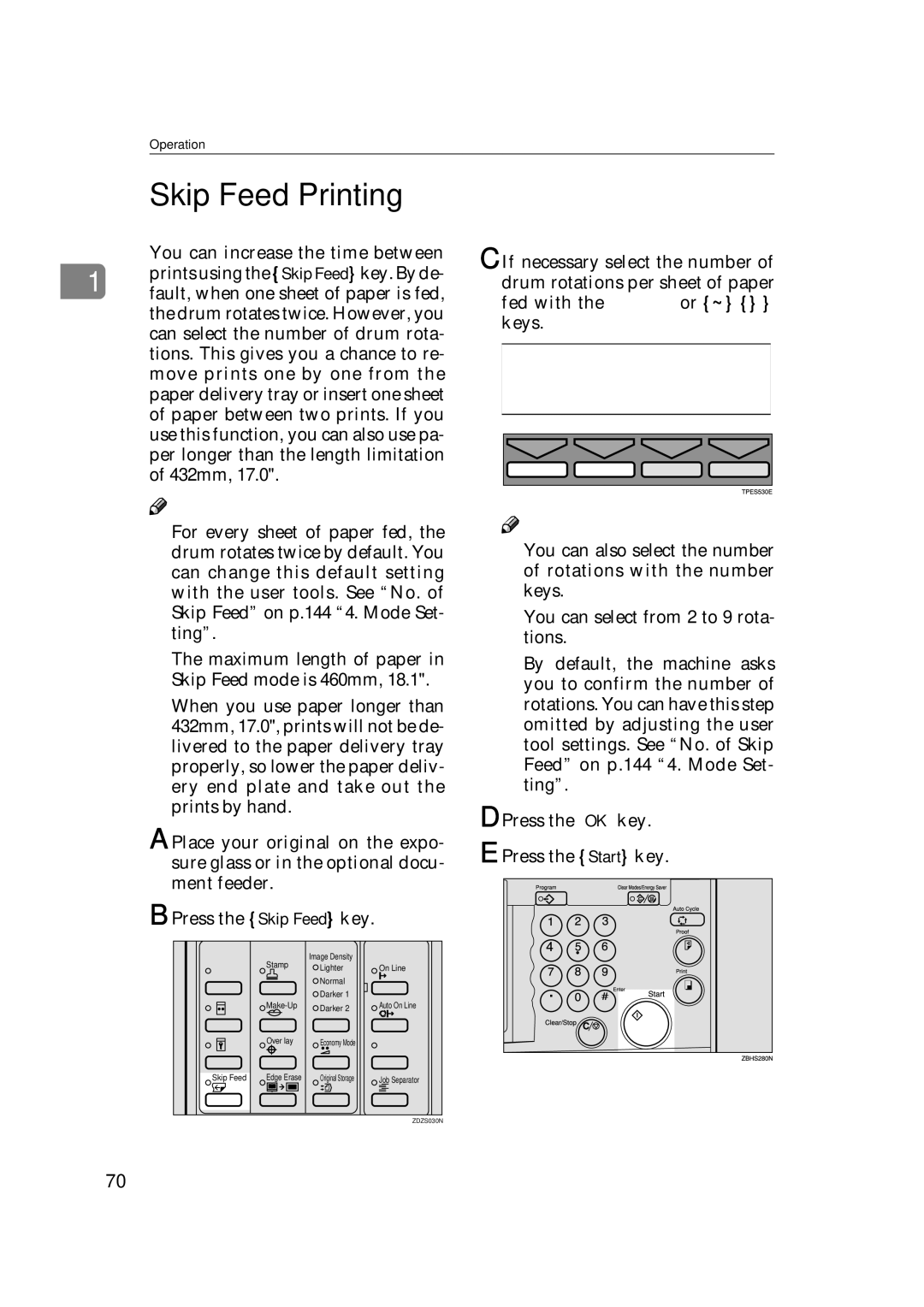 Savin 3360DNP operating instructions Skip Feed Printing, Press the OK key Press the Start key 