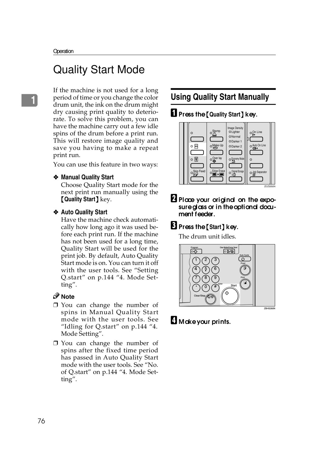 Savin 3360DNP Quality Start Mode, Using Quality Start Manually, Manual Quality Start, Auto Quality Start 