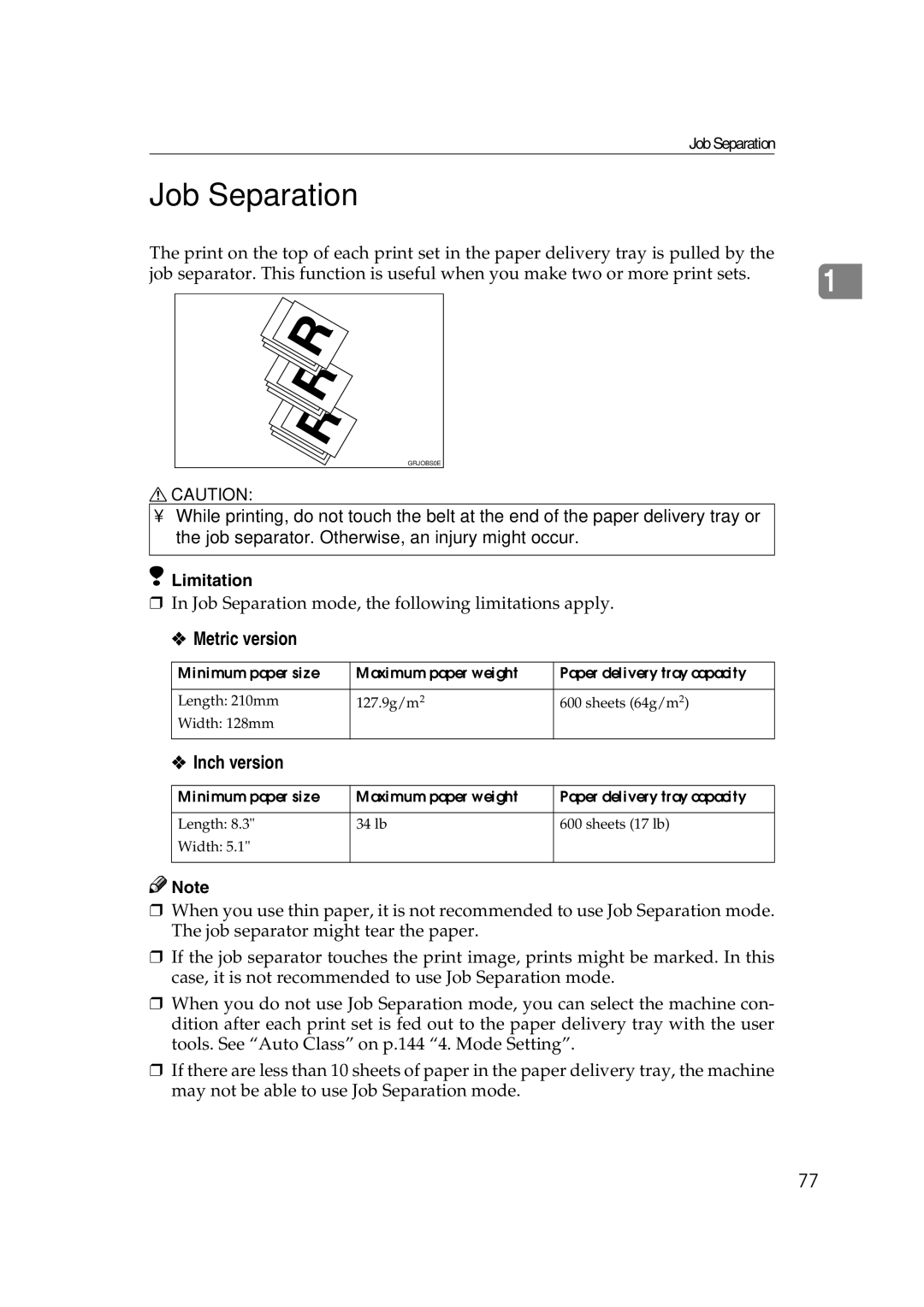 Savin 3360DNP operating instructions Job Separation, Metric version 