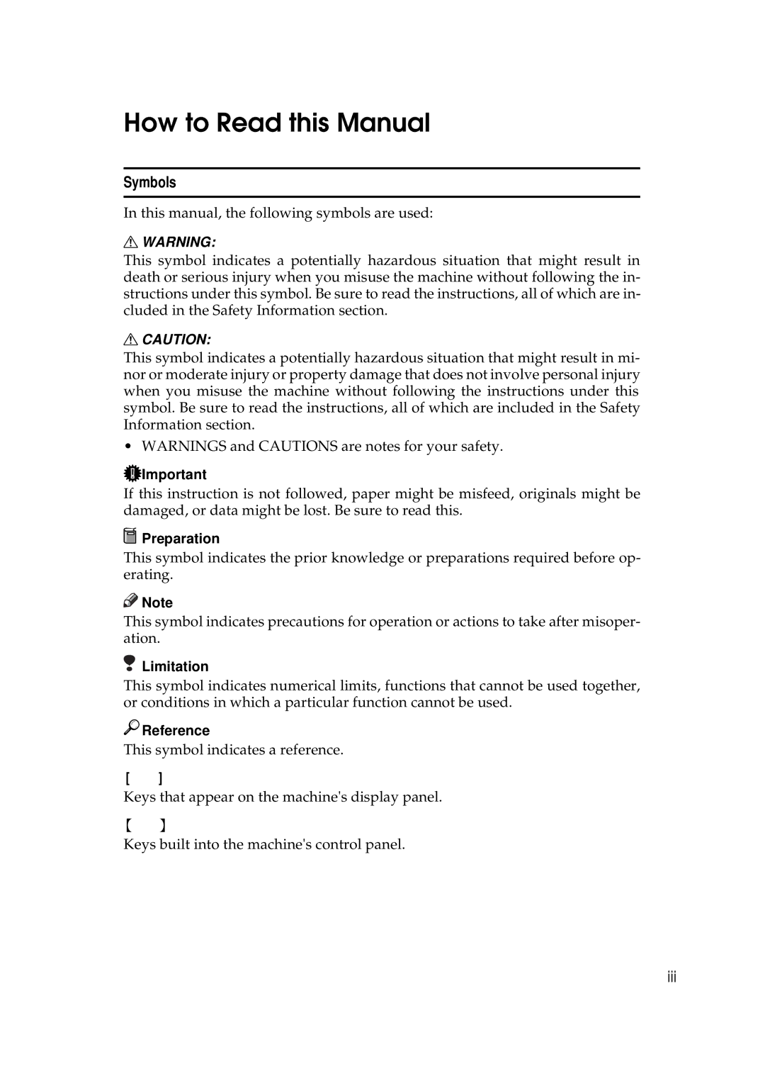 Savin 3370, 3355 operating instructions How to Read this Manual, Symbols 