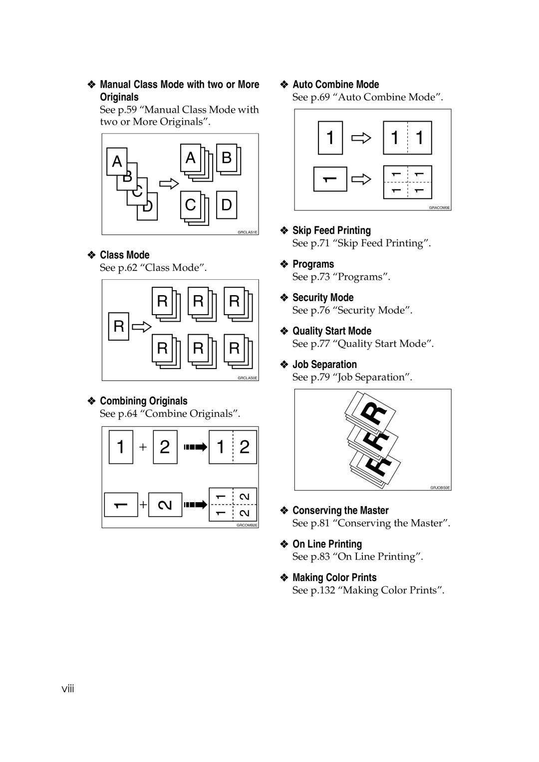 Savin 3460DNP Class Mode, Combining Originals, Auto Combine Mode, Skip Feed Printing, Programs, Security Mode 