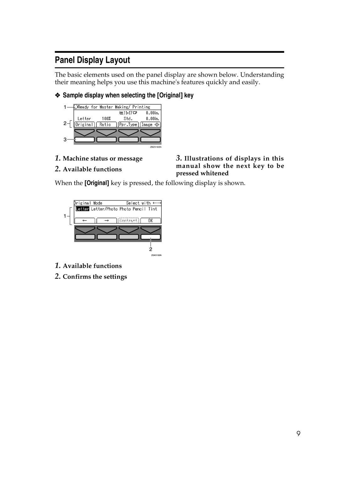 Savin 3460DNP operating instructions Panel Display Layout, Sample display when selecting the Original key 