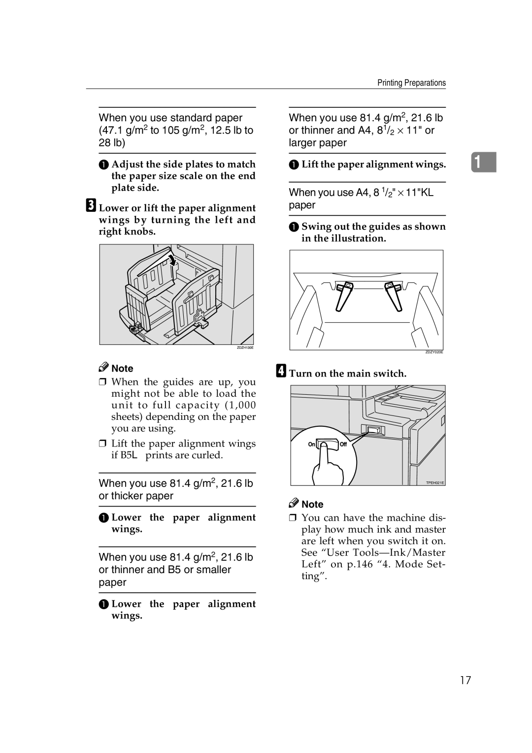 Savin 3460DNP Lower the paper alignment wings, Lift the paper alignment wings, Turn on the main switch 