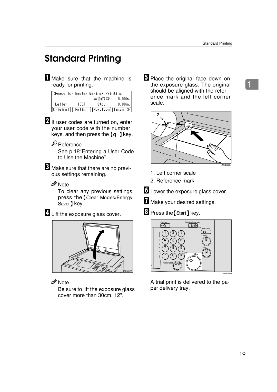 Savin 3460DNP Standard Printing, Make sure that there are no previ- ous settings remaining, Lift the exposure glass cover 