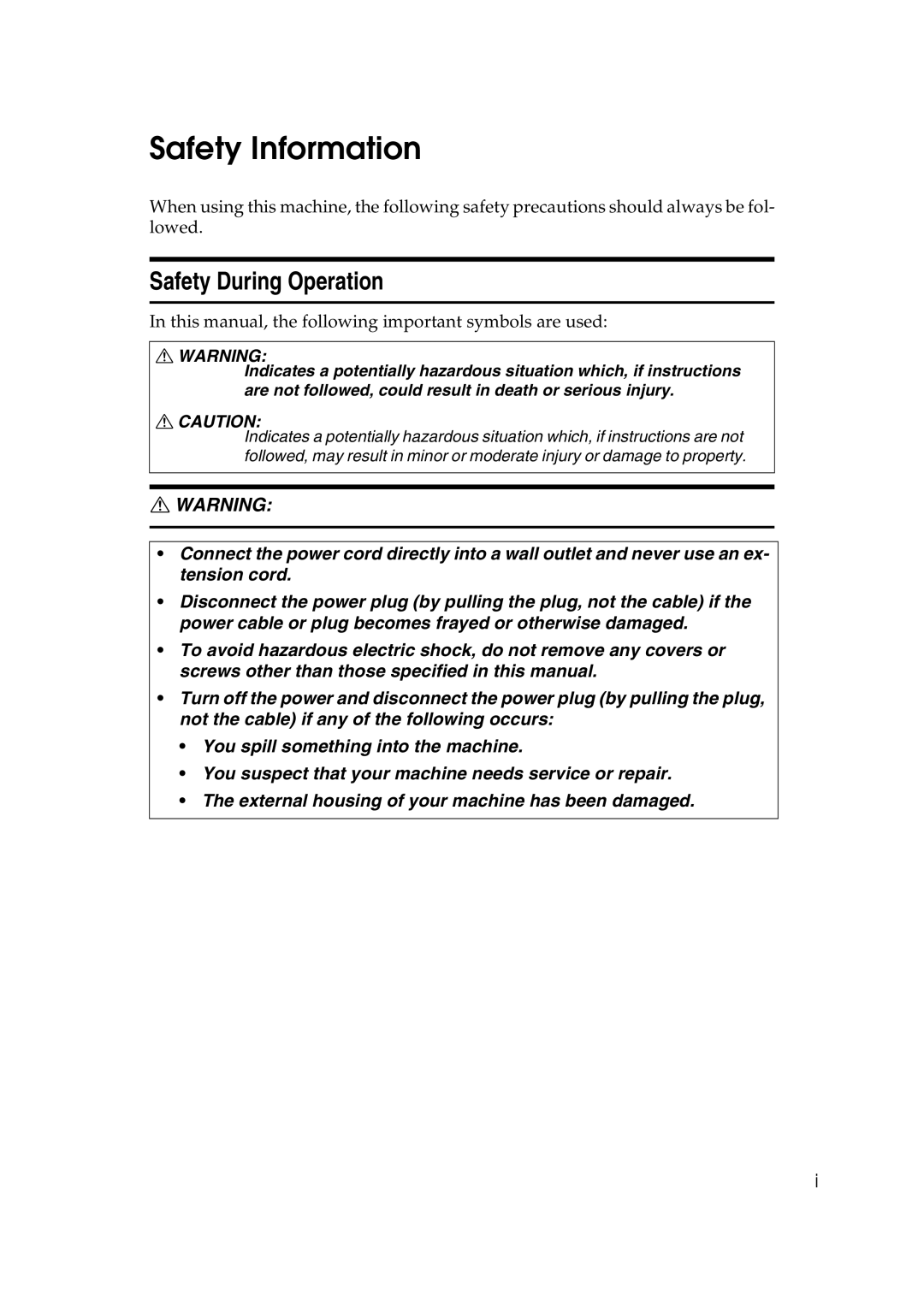 Savin 3460DNP operating instructions Safety Information, Safety During Operation 