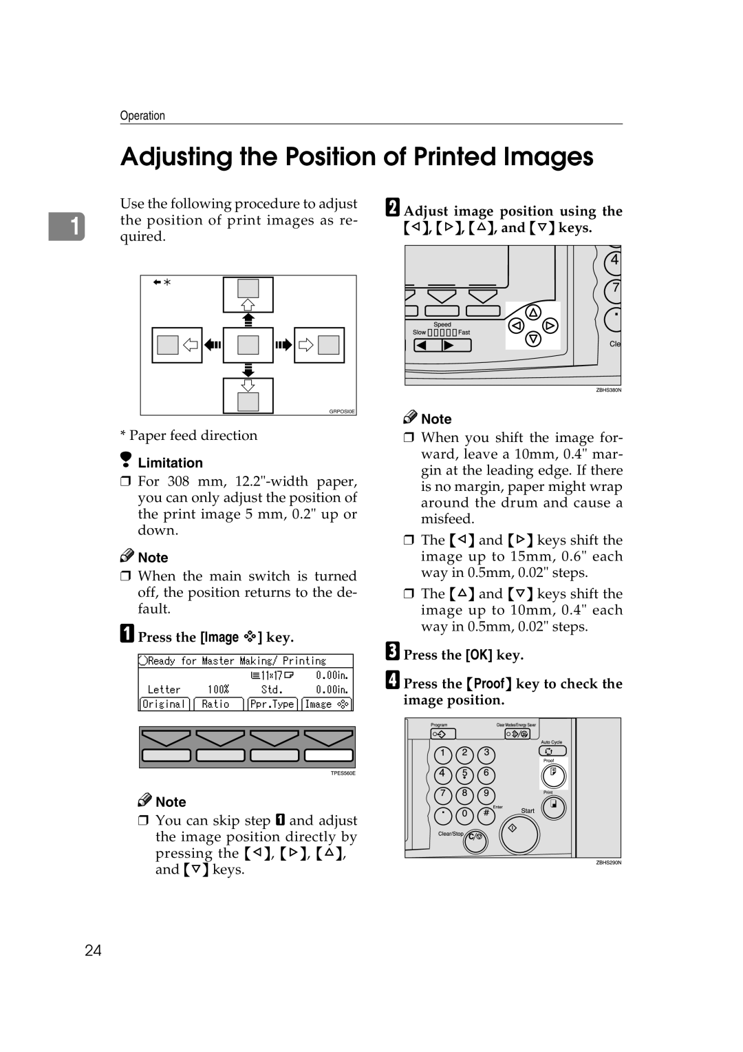 Savin 3460DNP Adjusting the Position of Printed Images, Adjust image position using the ~, , , and keys 