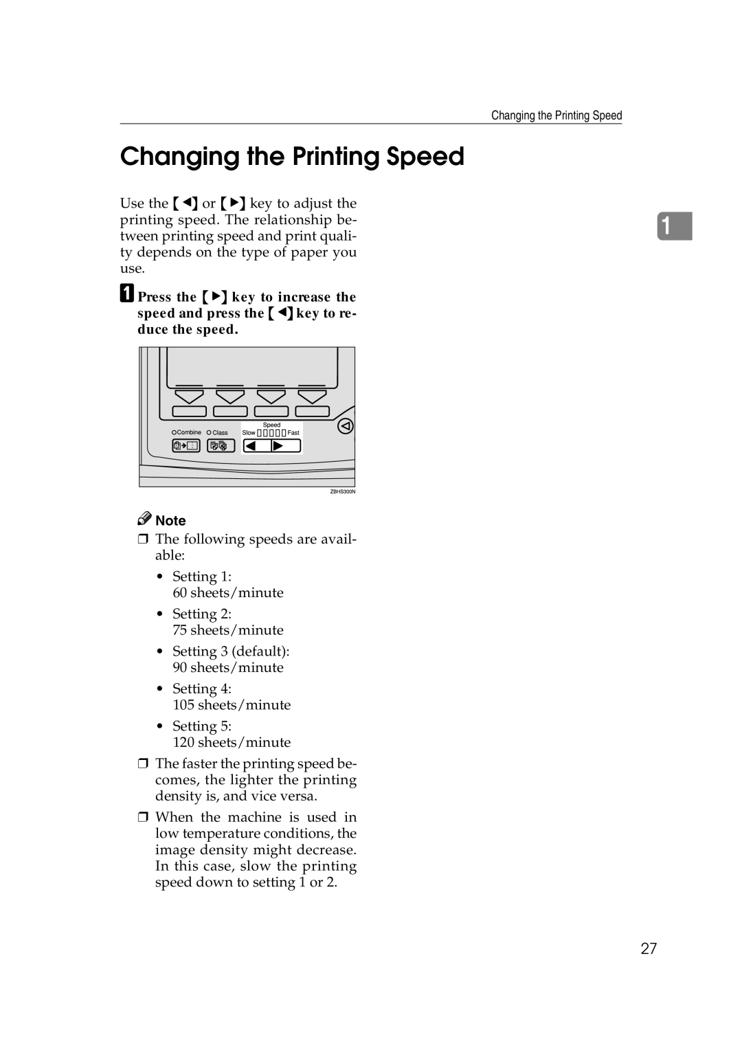 Savin 3460DNP operating instructions Changing the Printing Speed 