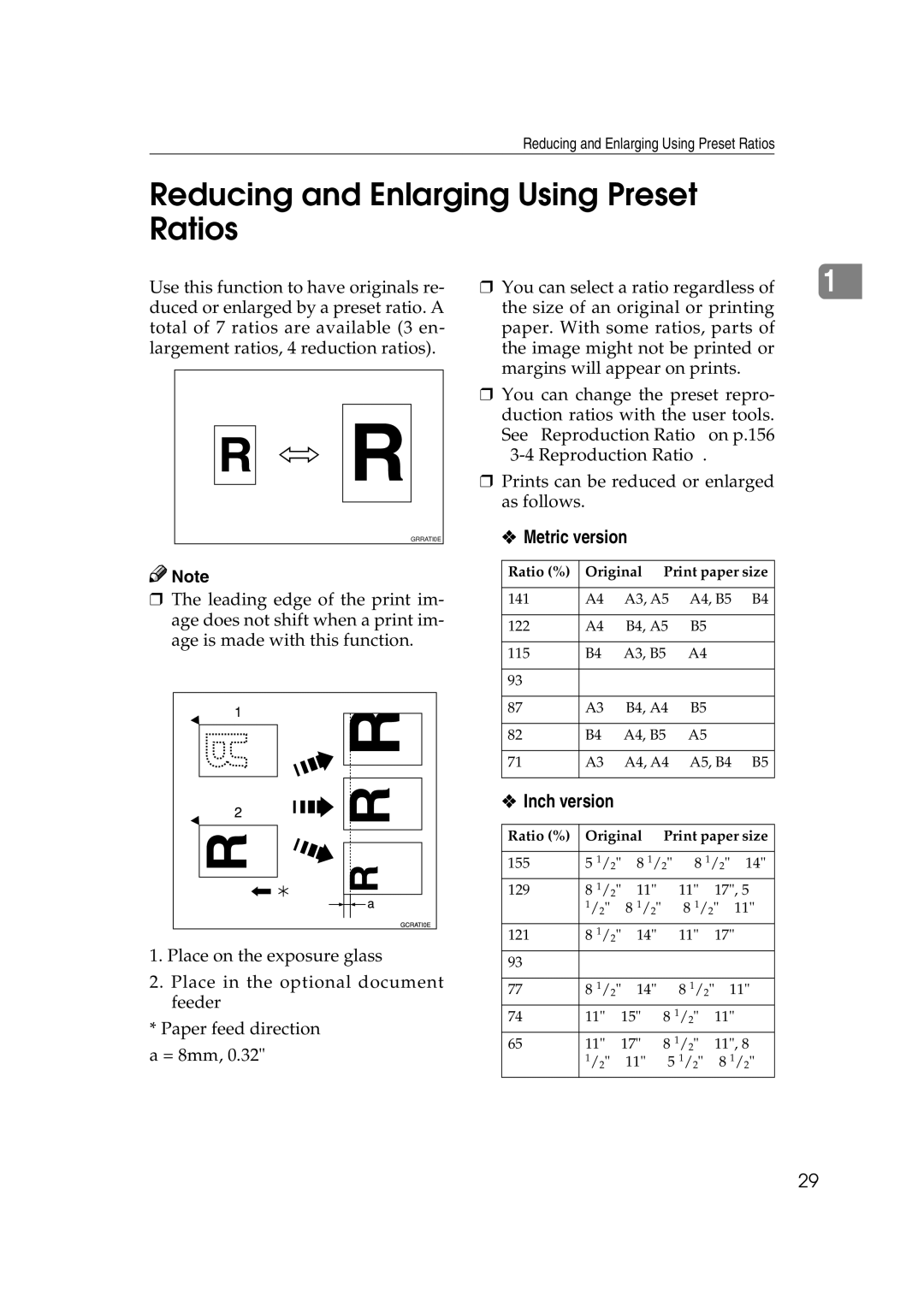 Savin 3460DNP operating instructions Reducing and Enlarging Using Preset Ratios, Metric version, Inch version 