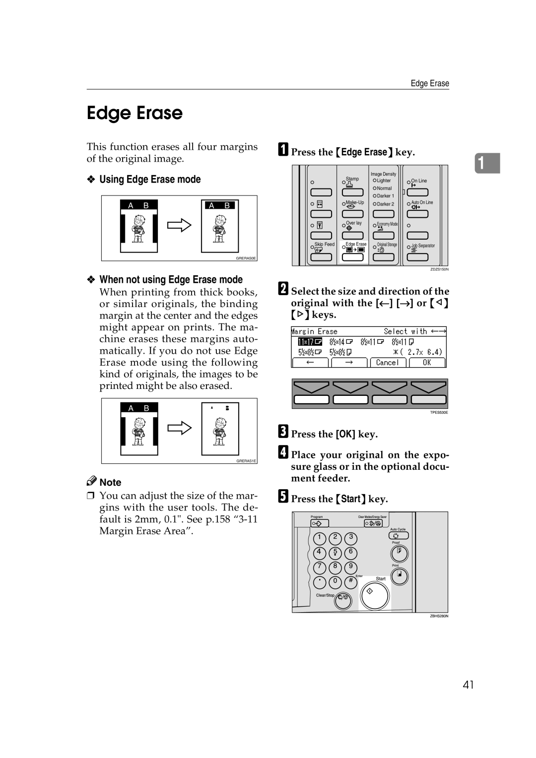 Savin 3460DNP operating instructions Using Edge Erase mode, When not using Edge Erase mode, Press the Edge Erase key 