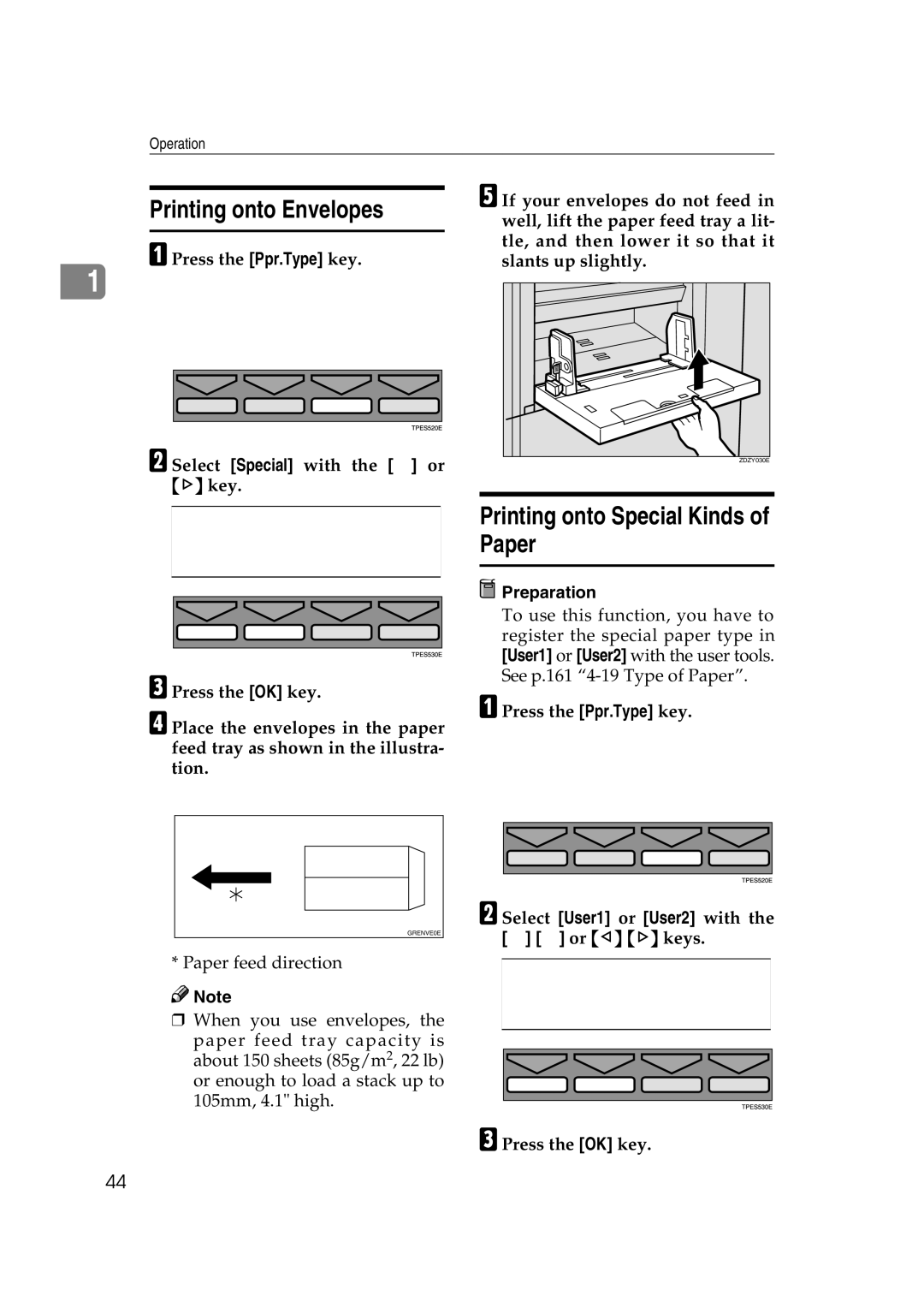 Savin 3460DNP operating instructions Printing onto Envelopes, Printing onto Special Kinds of Paper 