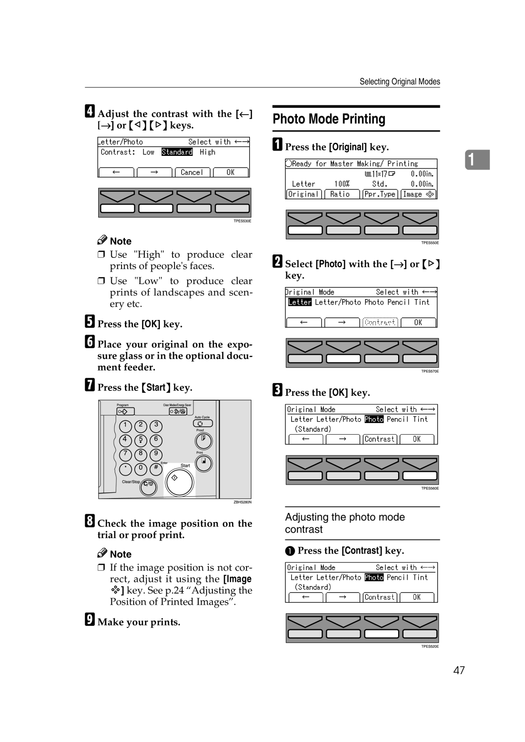 Savin 3460DNP operating instructions Photo Mode Printing, Adjust the contrast with the ← → or ~ keys 