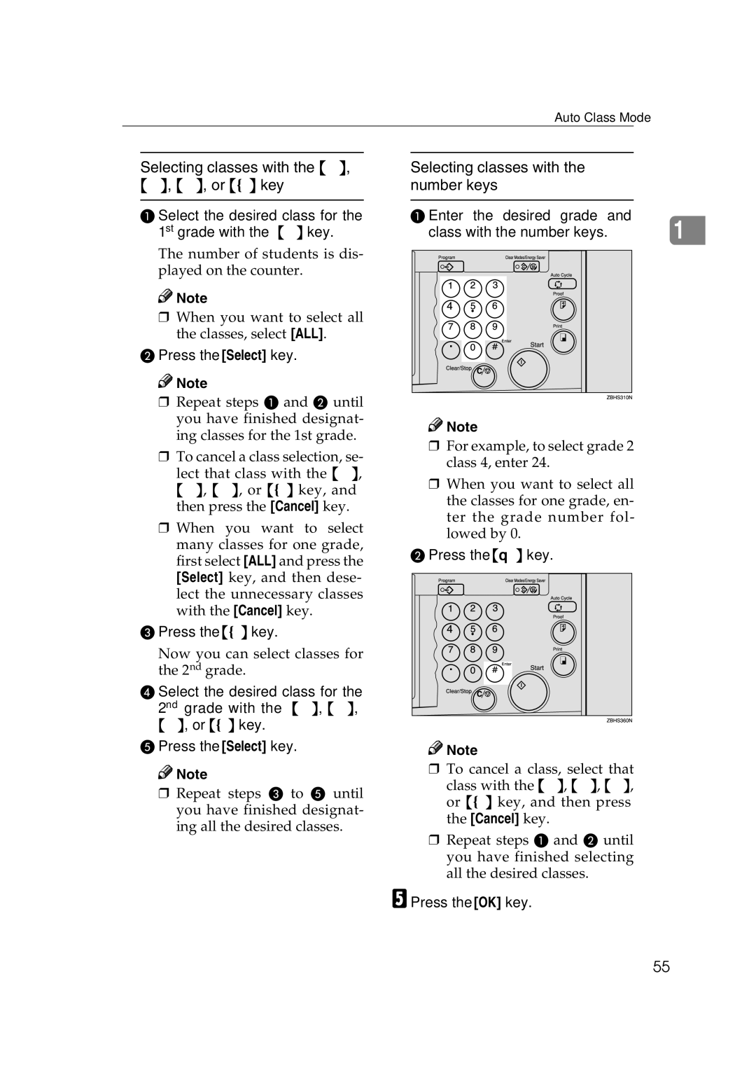 Savin 3460DNP operating instructions Select the desired class for the 1st grade with the key, Press the Select key 