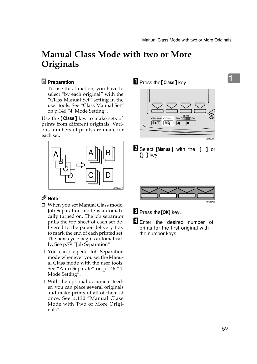 Savin 3460DNP operating instructions Manual Class Mode with two or More Originals, Press the Class key 