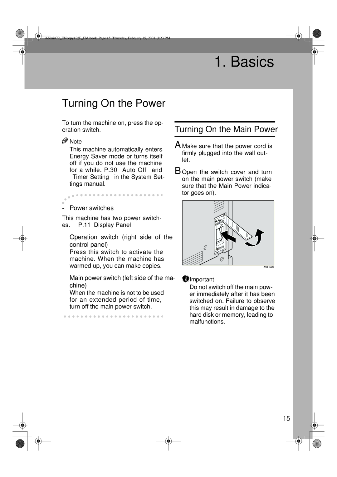 Savin 2245, 3502/3502p Turning On the Power, Turning On the Main Power, Operation switch right side of the control panel 