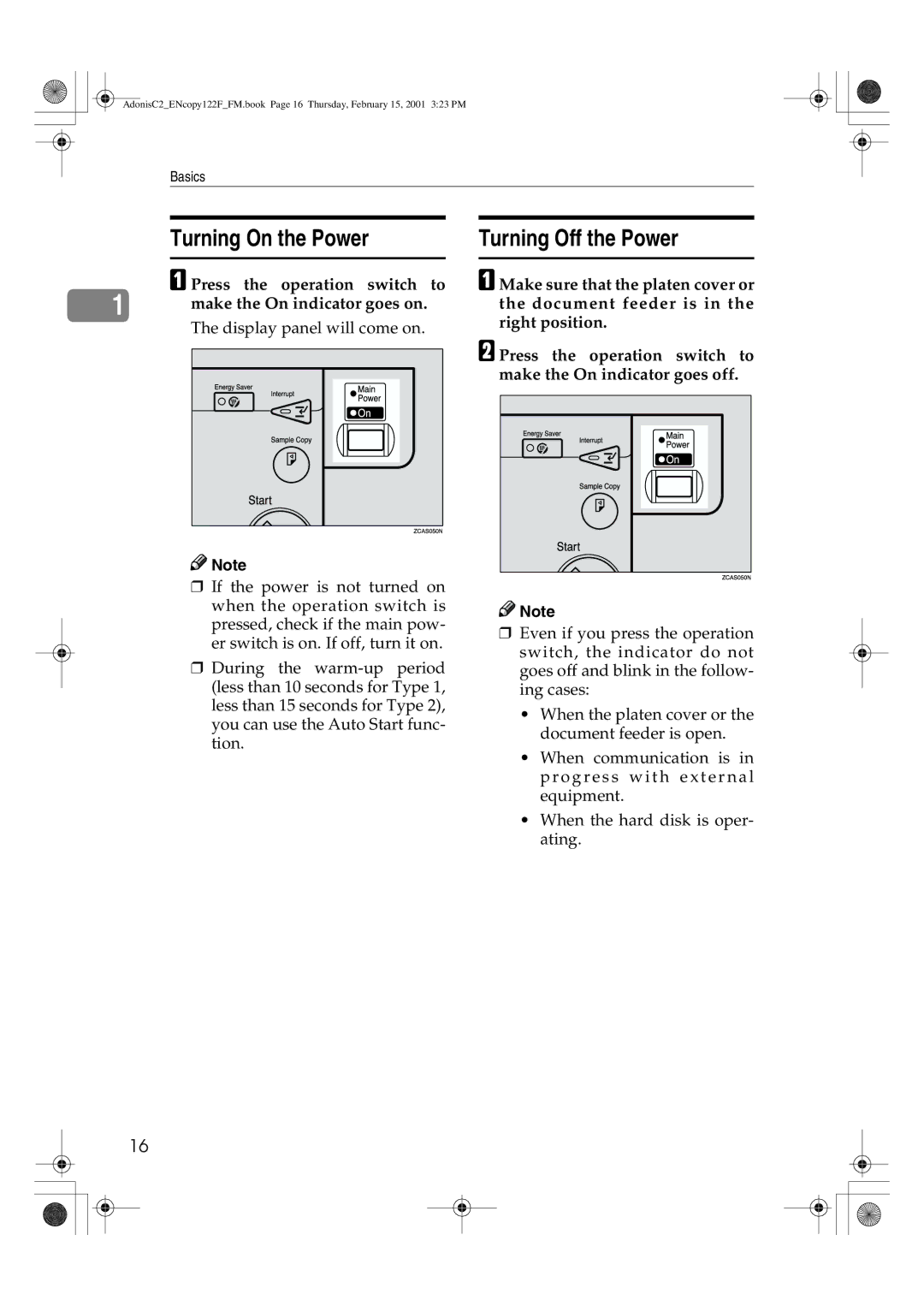 Savin 2535/2535p Turning On the Power, Turning Off the Power, Press the operation switch to make the On indicator goes on 