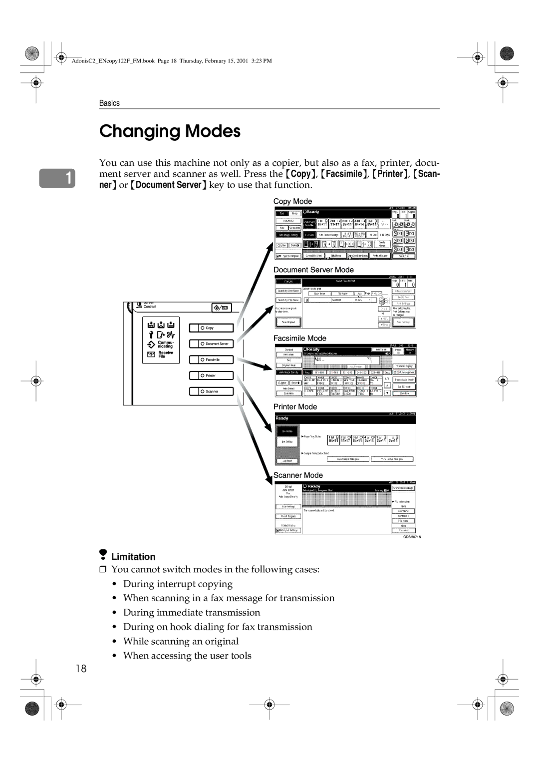 Savin 4502/4502p, 3502/3502p, 2235, 2545/2545p, 2245, 2535/2535p manual Changing Modes, Limitation 