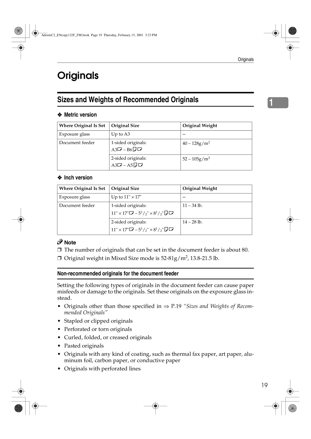 Savin 2235, 3502/3502p, 2245 Originals, Metric version, Inch version, Non-recommended originals for the document feeder 