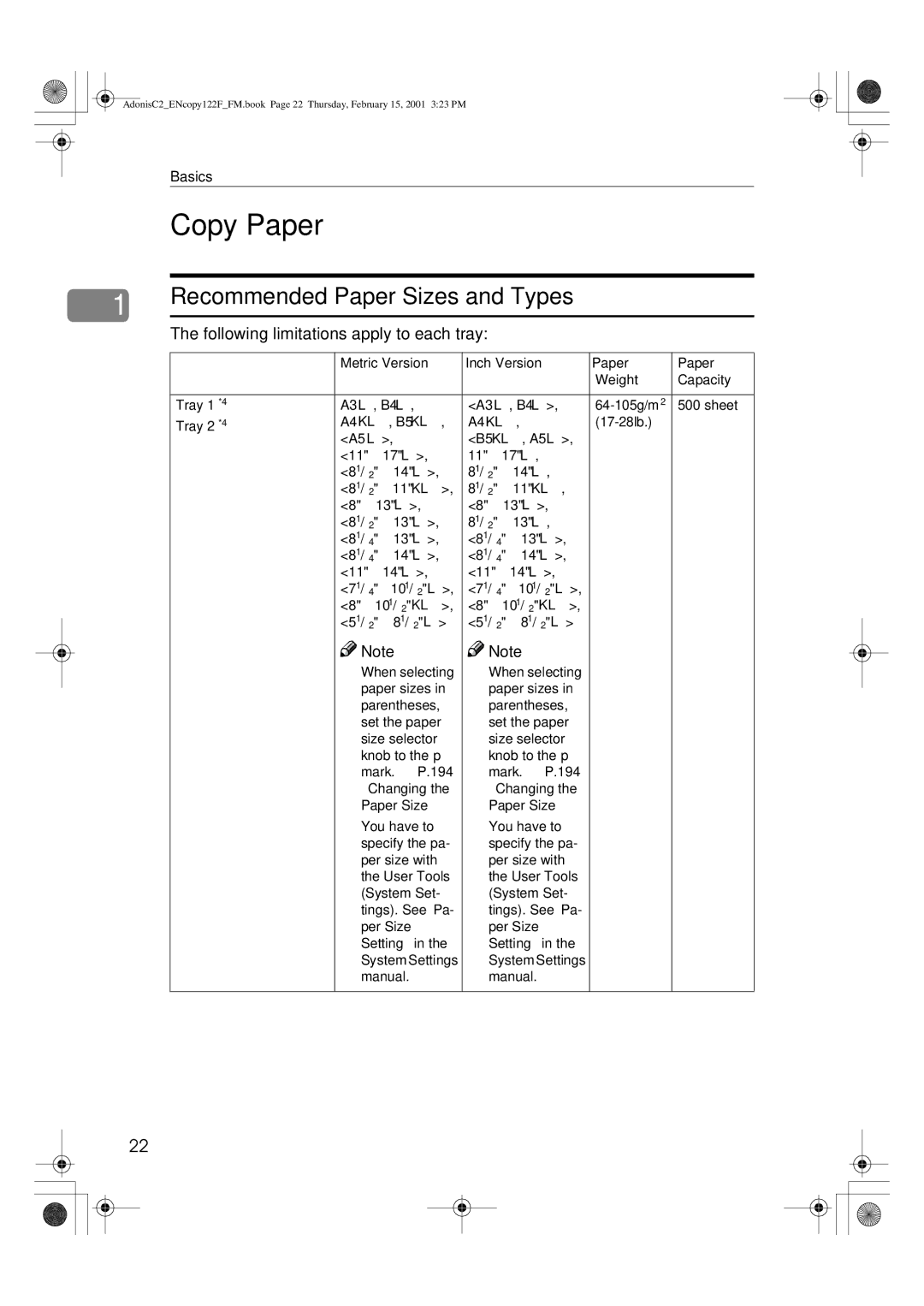 Savin 2535/2535p, 3502/3502p, 4502/4502p, 2235, 2545/2545p, 2245 manual Copy Paper, Recommended Paper Sizes and Types 