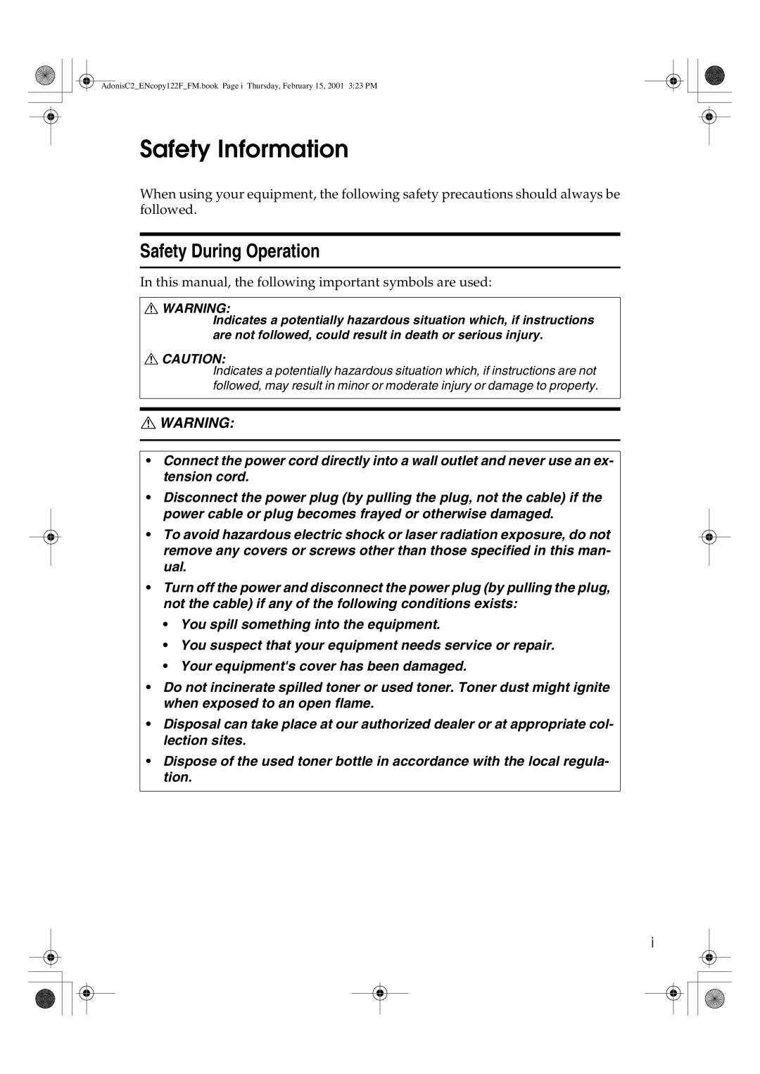 Savin 2245, 3502/3502p, 4502/4502p, 2235, 2545/2545p, 2535/2535p manual Safety Information, Safety During Operation 