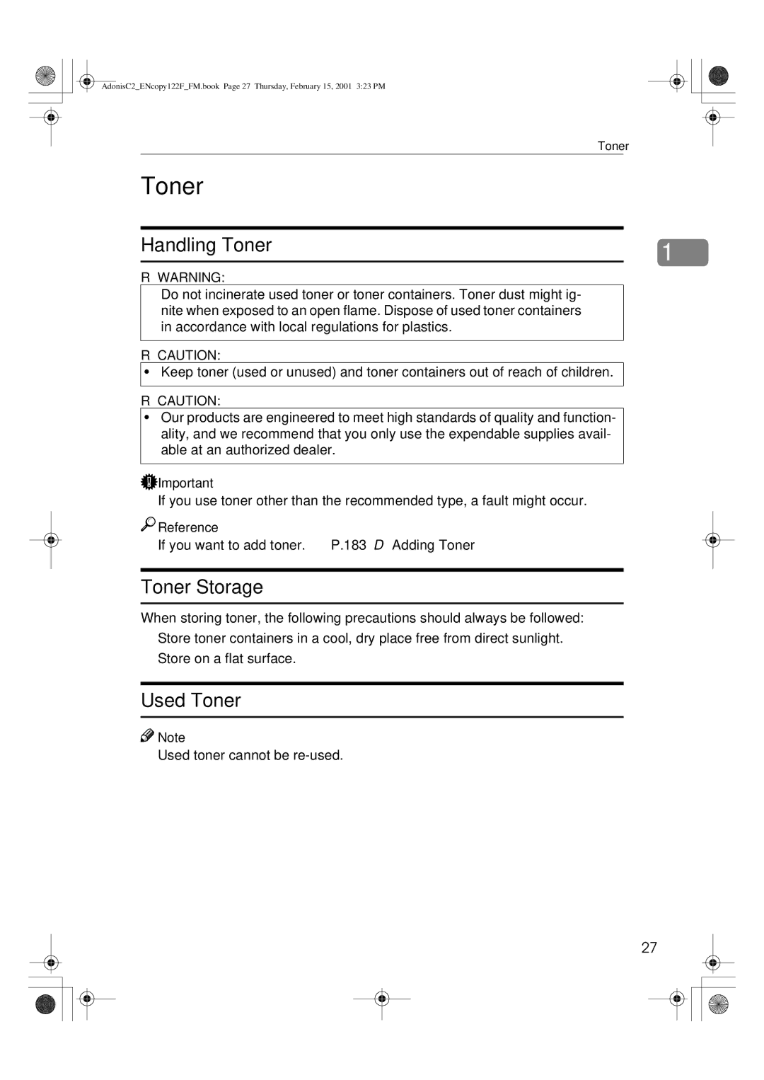 Savin 2245, 3502/3502p, 4502/4502p, 2235, 2545/2545p, 2535/2535p manual Toner Storage, Used Toner 