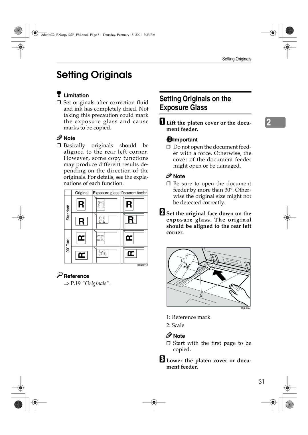 Savin 2235, 3502/3502p, 2245 Setting Originals on the Exposure Glass, Lift the platen cover or the docu- ment feeder 