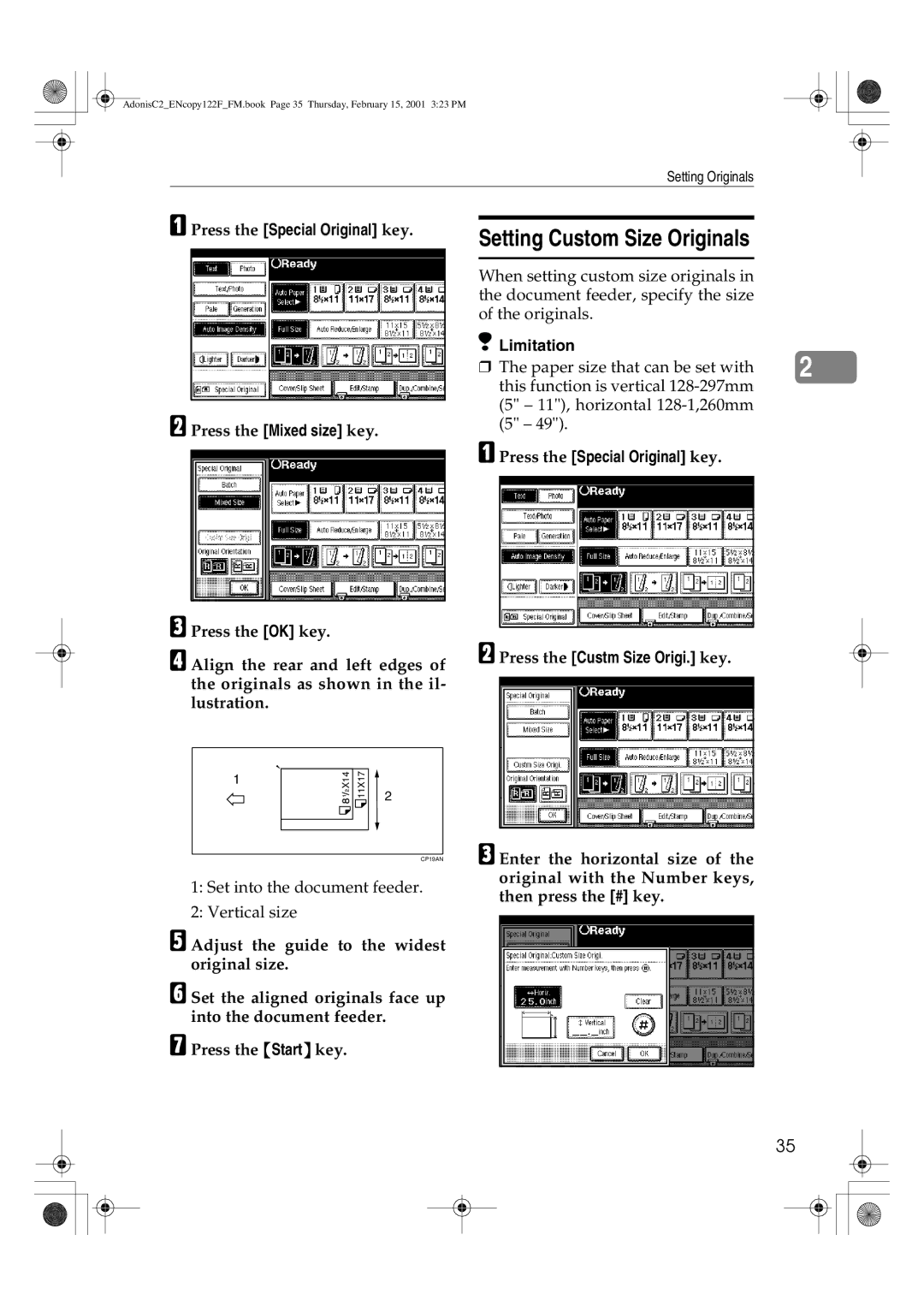 Savin 3502/3502p, 4502/4502p, 2235, 2545/2545p, 2245, 2535/2535p manual Setting Custom Size Originals 