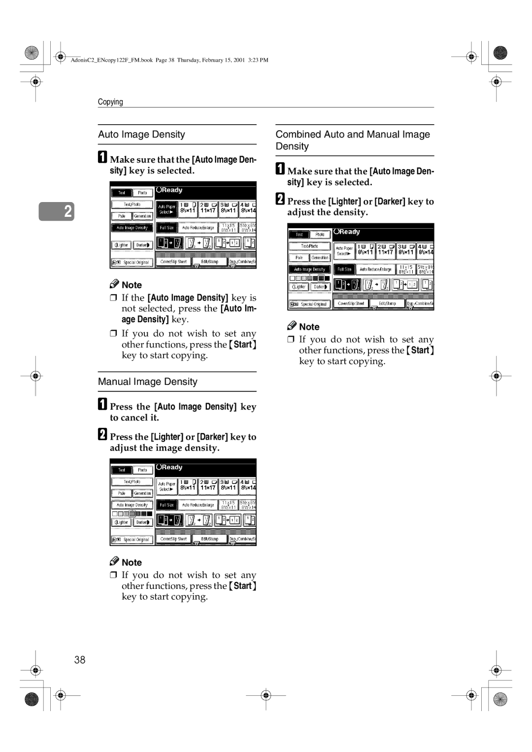 Savin 2545/2545p, 3502/3502p, 4502/4502p, 2235, 2245, 2535/2535p manual Make sure that the Auto Image Den- sity key is selected 