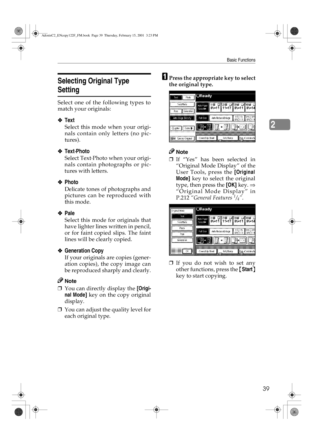 Savin 2245, 3502/3502p, 4502/4502p, 2235, 2545/2545p, 2535/2535p manual Selecting Original Type Setting 