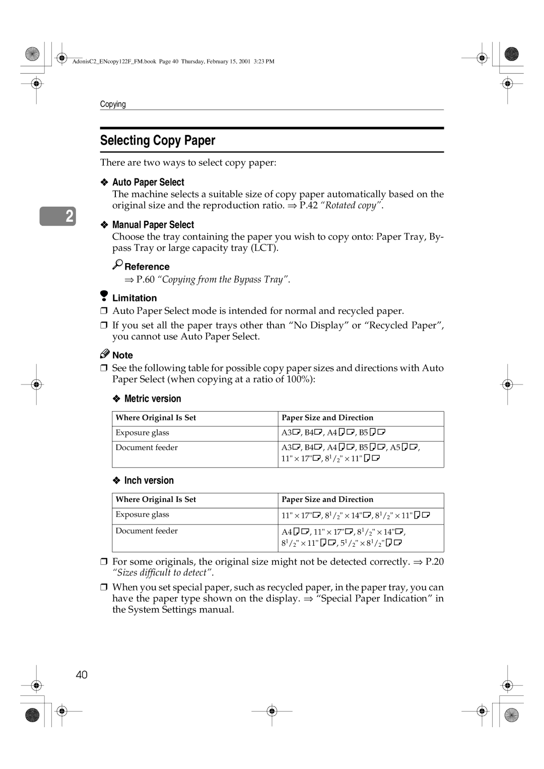 Savin 2535/2535p, 3502/3502p, 4502/4502p, 2235, 2545/2545p, 2245 Selecting Copy Paper, Auto Paper Select, Manual Paper Select 