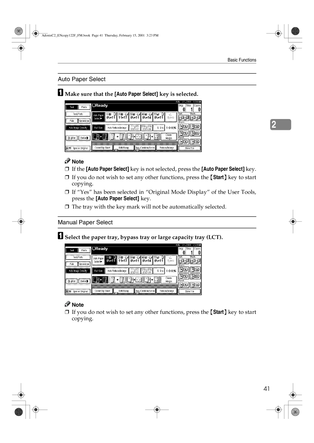 Savin 3502/3502p, 4502/4502p, 2235, 2545/2545p, 2245, 2535/2535p manual Make sure that the Auto Paper Select key is selected 