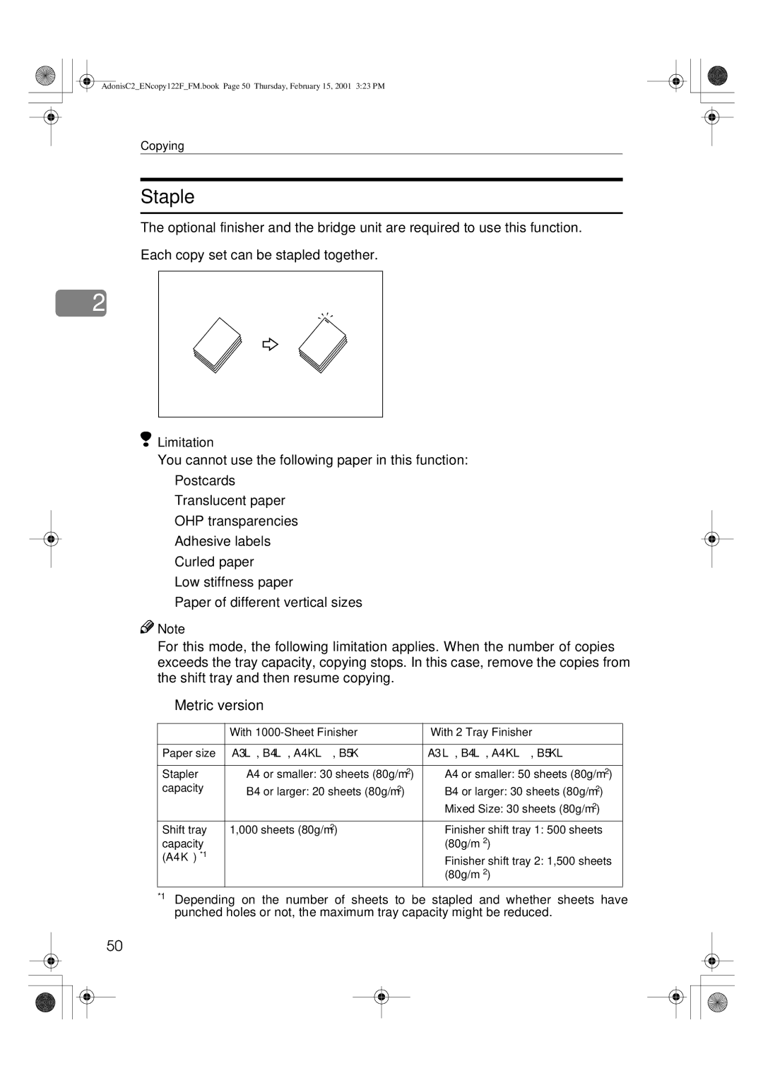 Savin 2545/2545p, 3502/3502p, 4502/4502p, 2235, 2245, 2535/2535p manual Staple, Limitation 