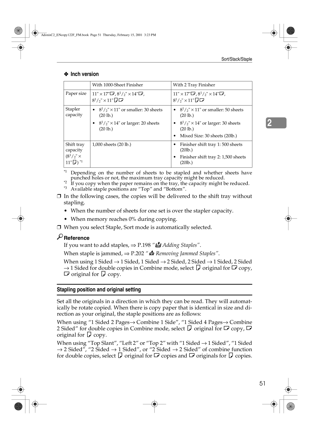 Savin 2245, 3502/3502p, 4502/4502p, 2235, 2545/2545p, 2535/2535p manual Inch version, Stapling position and original setting 