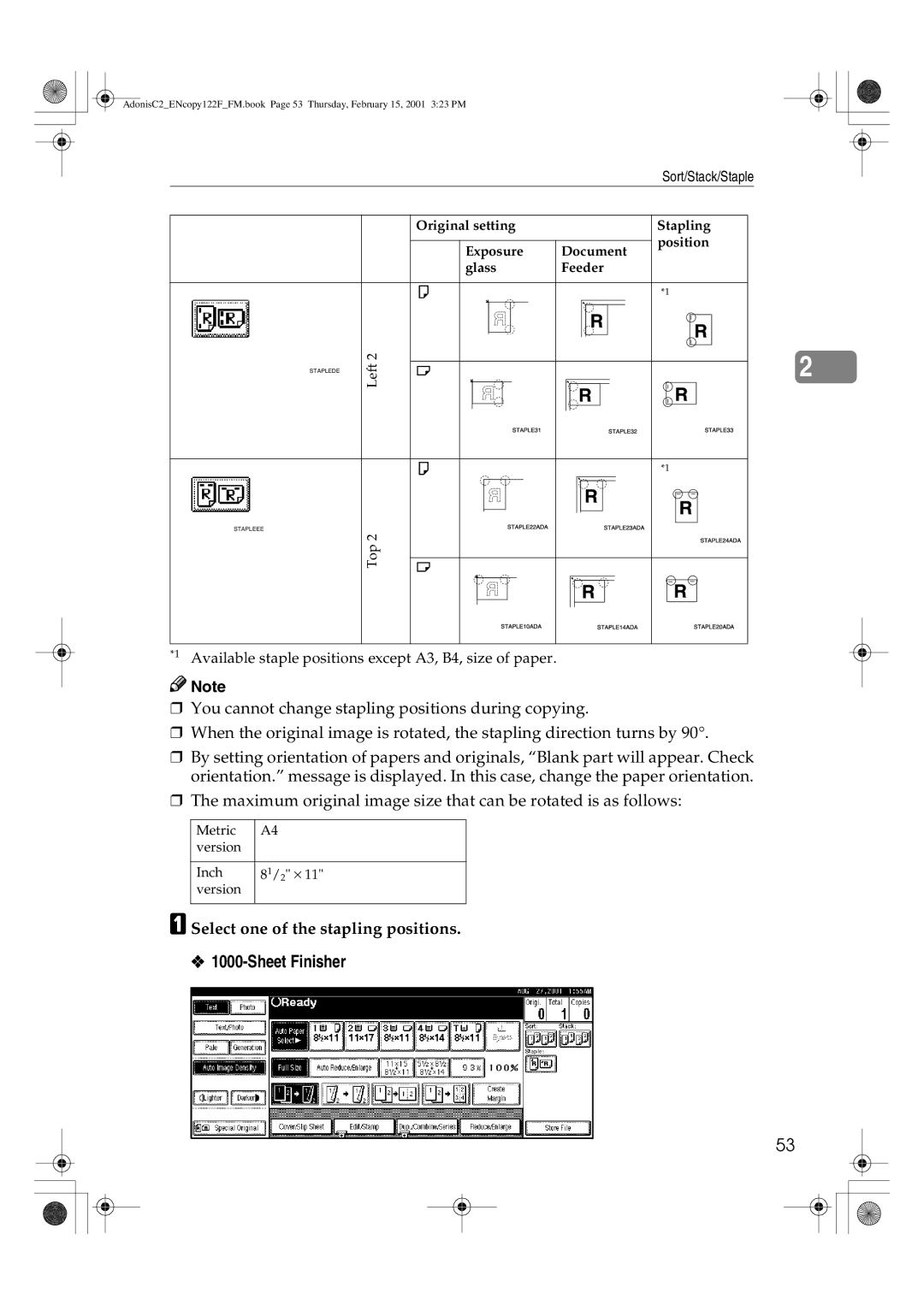 Savin 3502/3502p, 4502/4502p, 2235, 2545/2545p, 2245, 2535/2535p manual Select one of the stapling positions, Sort/Stack/Staple 