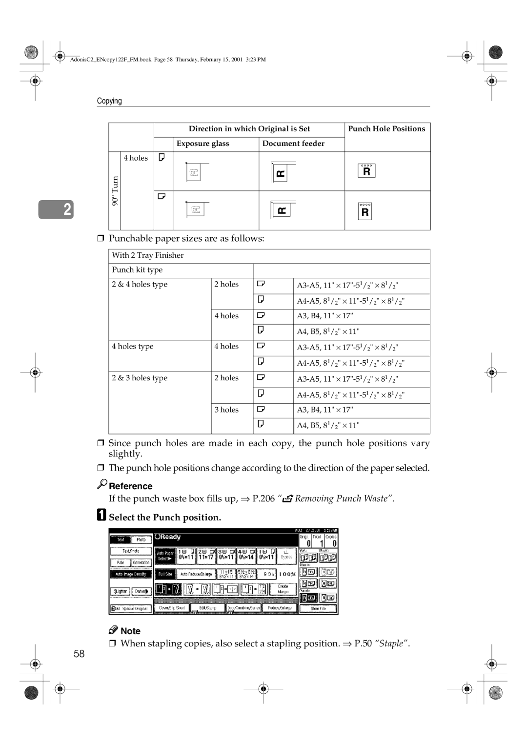 Savin 2535/2535p, 3502/3502p, 4502/4502p, 2235, 2545/2545p Punchable paper sizes are as follows, Select the Punch position 