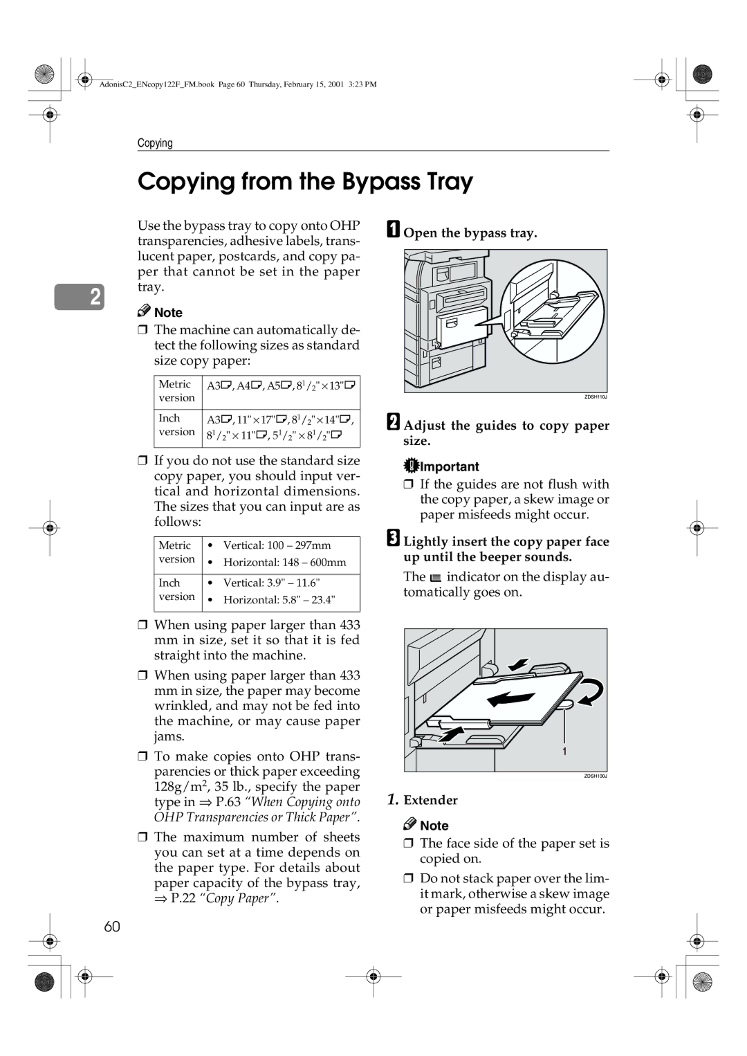 Savin 4502/4502p, 2235 Copying from the Bypass Tray, Open the bypass tray Adjust the guides to copy paper size, Extender 