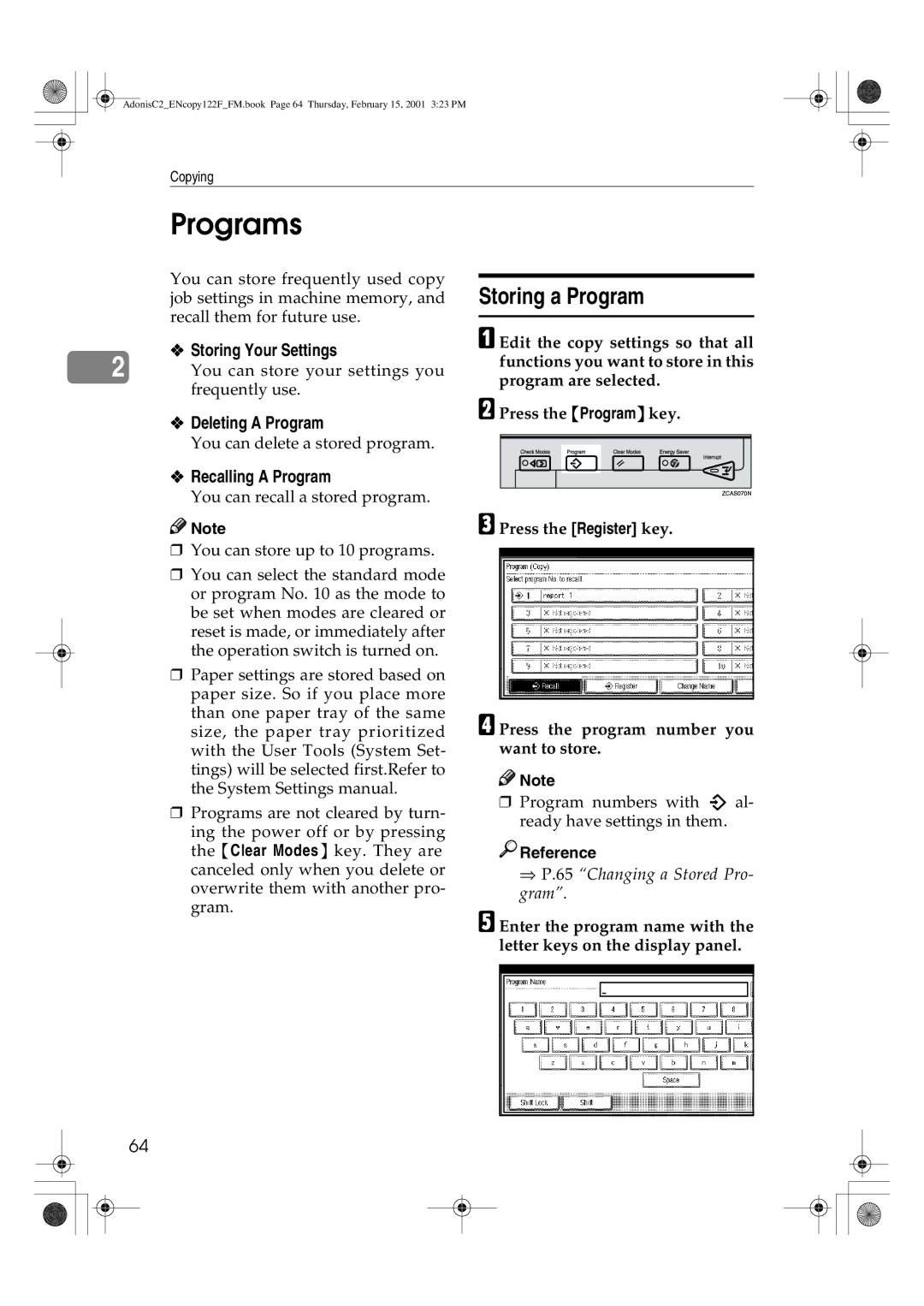 Savin 2535/2535p, 3502/3502p Programs, Storing a Program, Storing Your Settings, Deleting a Program, Recalling a Program 